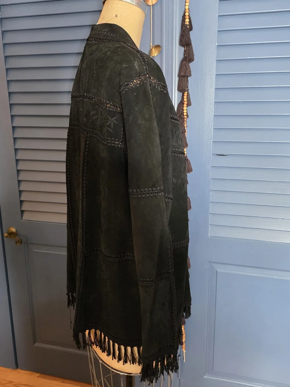 VTG Dressbarn Black Suede Leather Patchwork Western Fringe Jacket Boho 16W